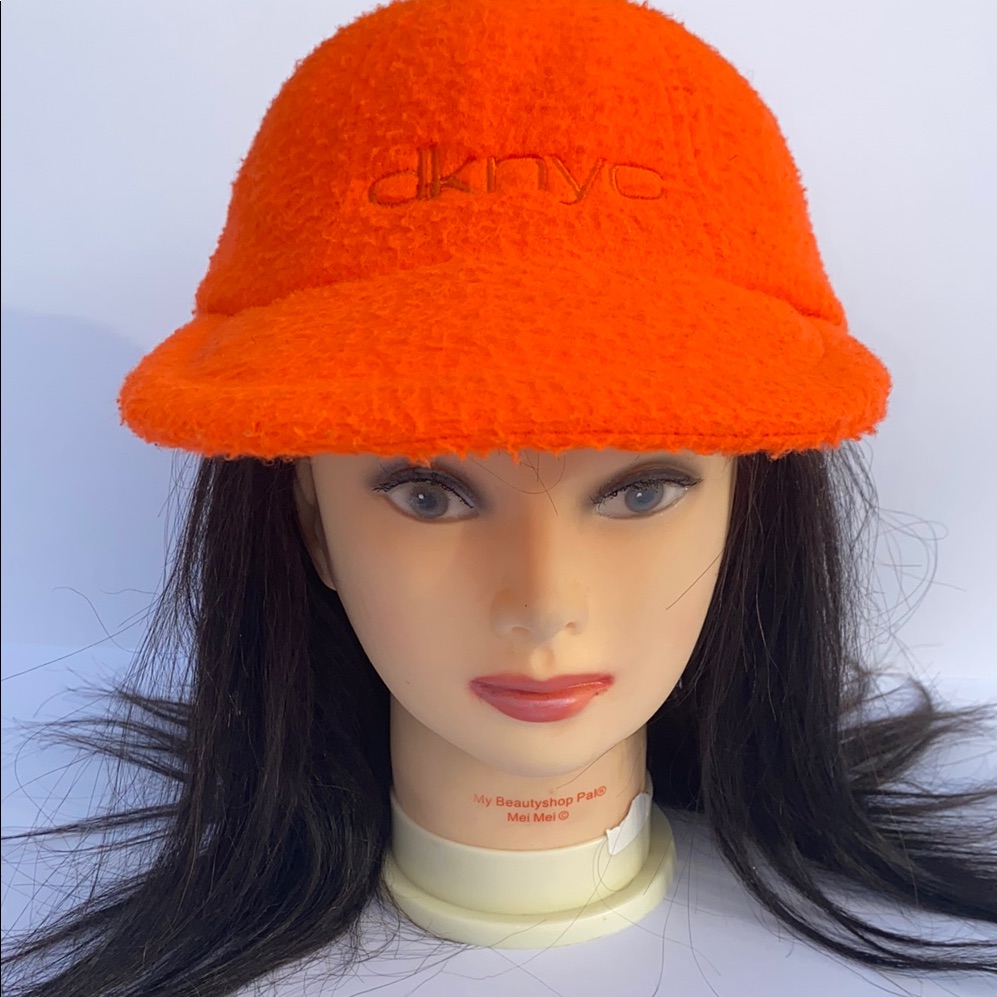 Vintage Donna Karan New York 6 Panel Orange Fuzzy Fleece Adjustable Strap Os